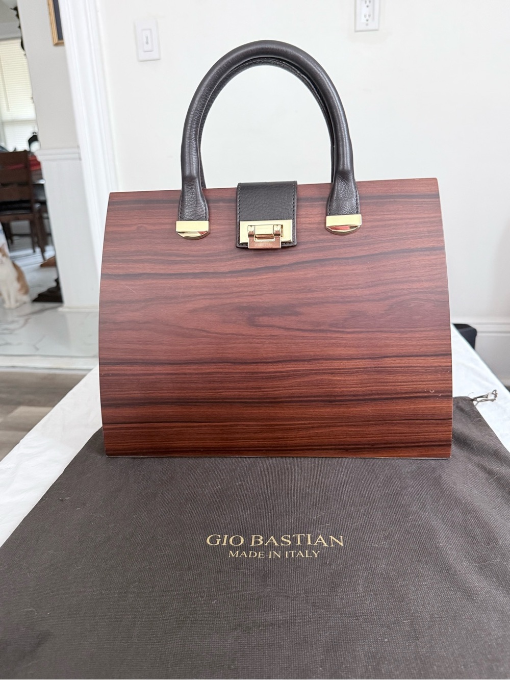 ONE OF A KIND - Italian Real wood handbag with Dark Brown Leather Handles